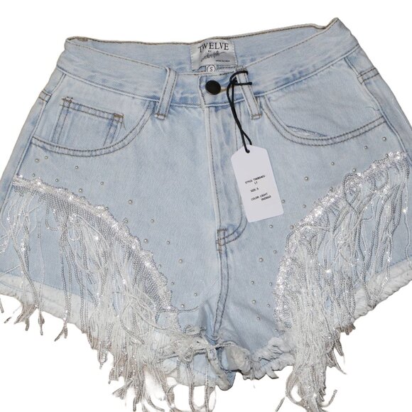 On Twelfth Pants - On Twelfth Sequin & Pearl Embellished Denim Shorts Light Wash Light Indigo Small